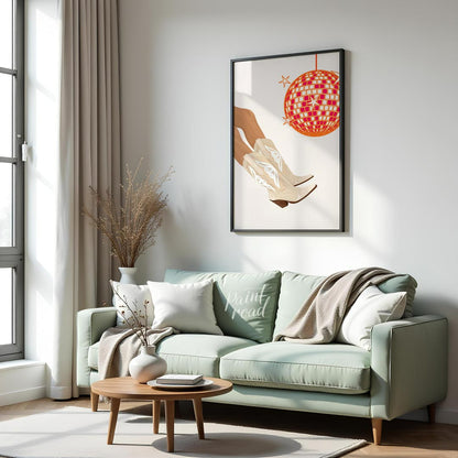This fun and festive art print combines Western charm with a lively disco vibe. The main focus is a… for living room