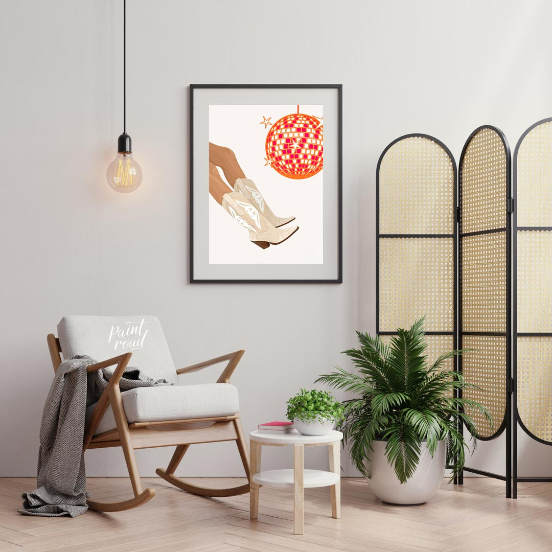 This fun and festive art print combines Western charm with a lively disco vibe. The main focus is a… for living room