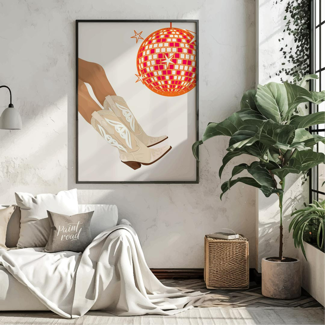 This fun and festive art print combines Western charm with a lively disco vibe. The main focus is a… for living room