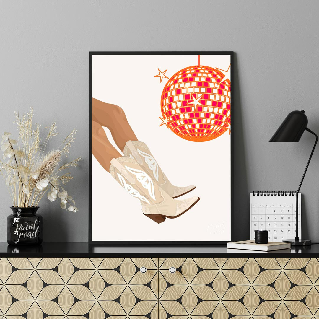 This fun and festive art print combines Western charm with a lively disco vibe. The main focus is a… for office