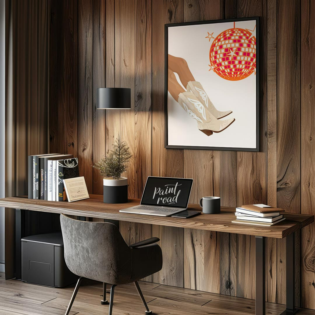 This fun and festive art print combines Western charm with a lively disco vibe. The main focus is a… for office