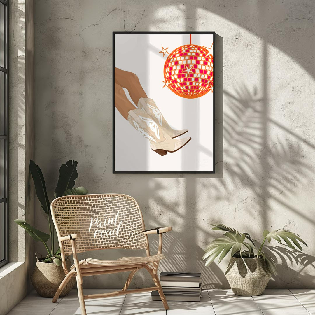 This fun and festive art print combines Western charm with a lively disco vibe. The main focus is a… for other
