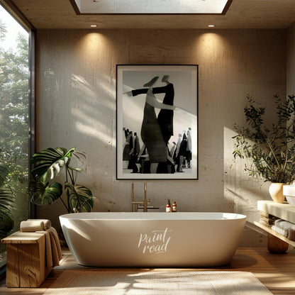 """Divergent Directions"" presents a surreal composition featuring stylized figures pointing in opp… for bathroom
