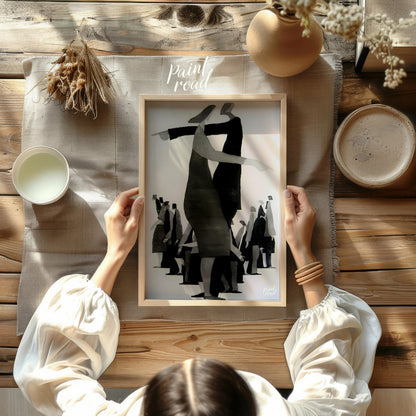 """Divergent Directions"" presents a surreal composition featuring stylized figures pointing in opp… for dining room