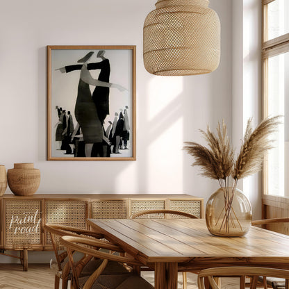 """Divergent Directions"" presents a surreal composition featuring stylized figures pointing in opp… for dining room
