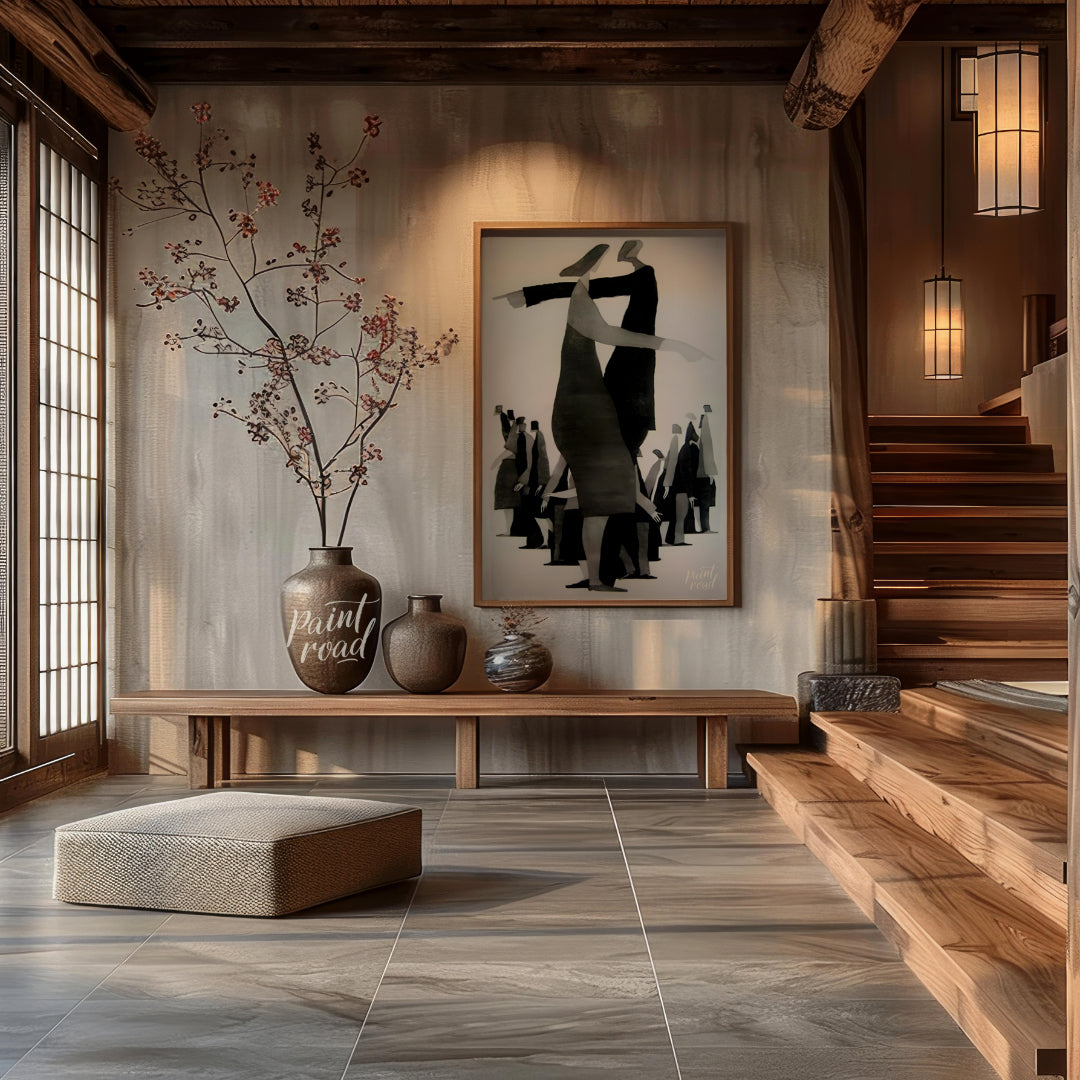 """Divergent Directions"" presents a surreal composition featuring stylized figures pointing in opp… for entryway