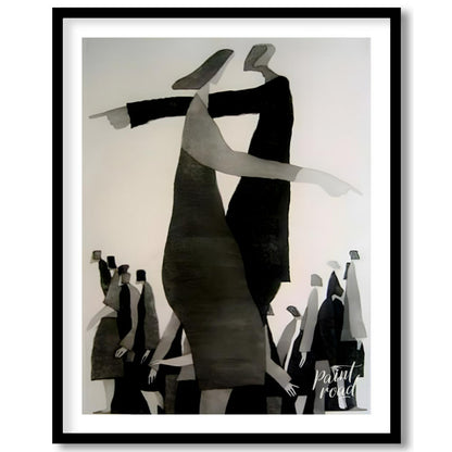 """Divergent Directions"" presents a surreal composition featuring stylized figures pointing in opp… for house