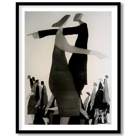 """Divergent Directions"" presents a surreal composition featuring stylized figures pointing in opp… for house
