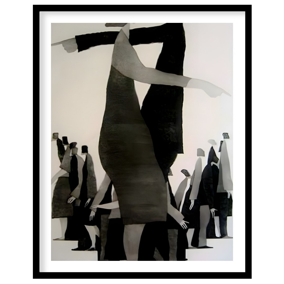 """Divergent Directions"" presents a surreal composition featuring stylized figures pointing in opp… for house