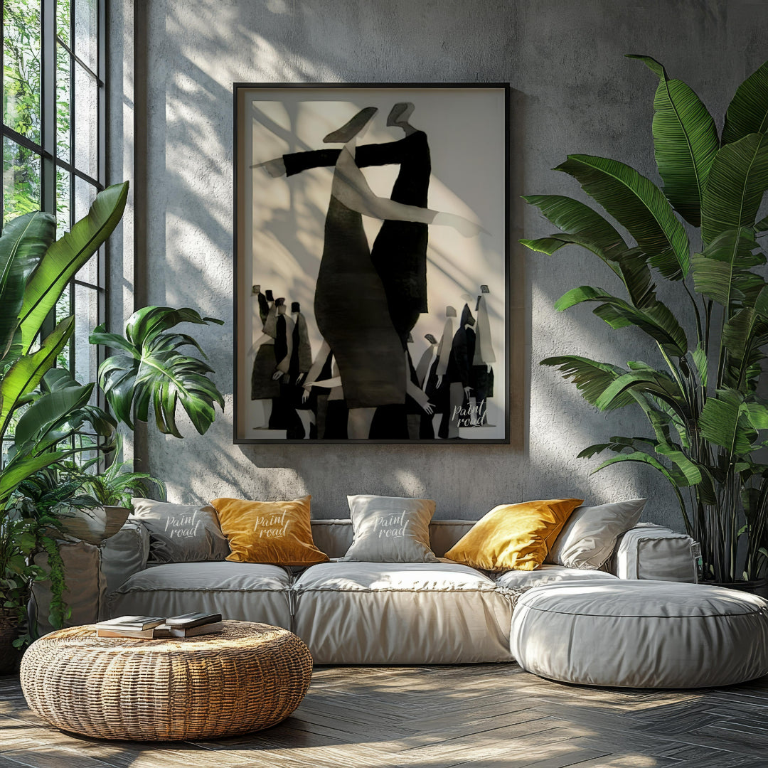 """Divergent Directions"" presents a surreal composition featuring stylized figures pointing in opp… for living room