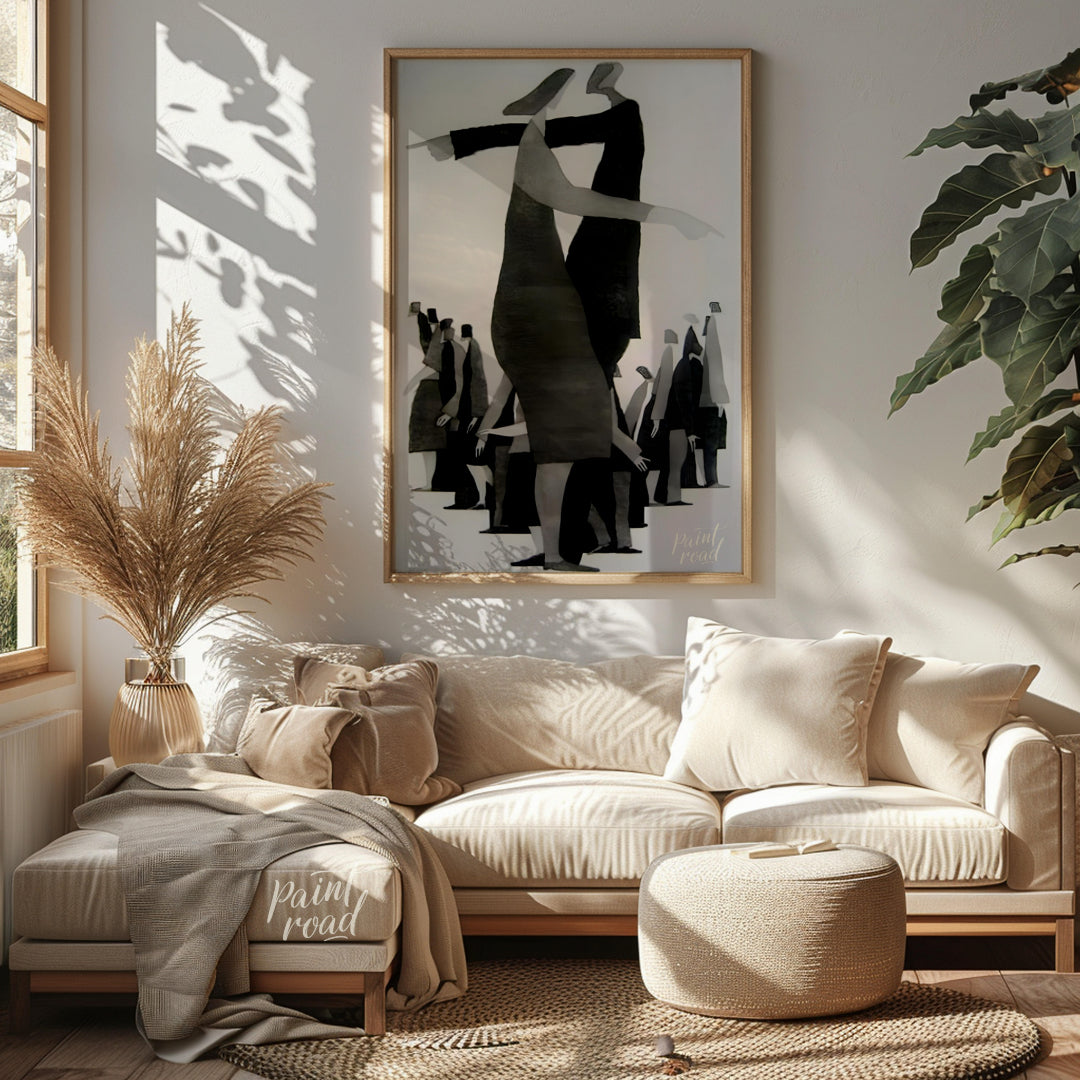 """Divergent Directions"" presents a surreal composition featuring stylized figures pointing in opp… for living room