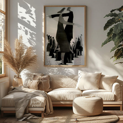 """Divergent Directions"" presents a surreal composition featuring stylized figures pointing in opp… for living room