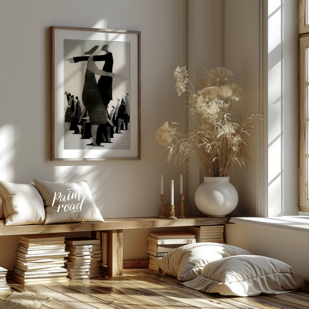 """Divergent Directions"" presents a surreal composition featuring stylized figures pointing in opp… for living room