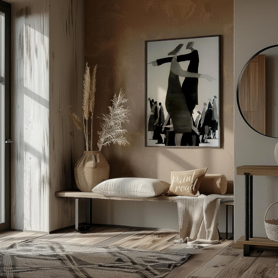 """Divergent Directions"" presents a surreal composition featuring stylized figures pointing in opp… for living room