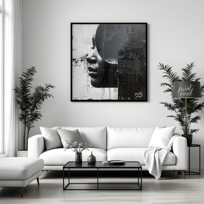 This striking painting features a woman's profile rendered in stark black and white, divided by a b… for abode