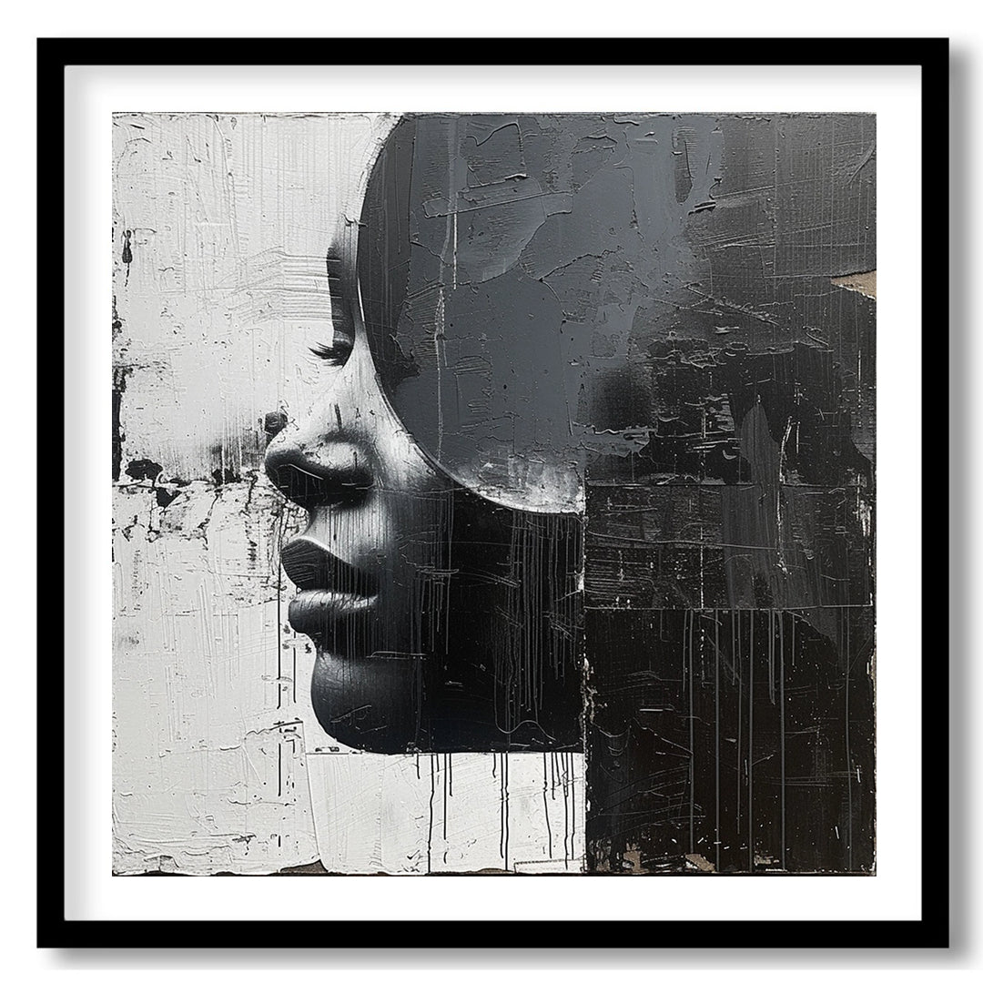This striking painting features a woman's profile rendered in stark black and white, divided by a b… for house