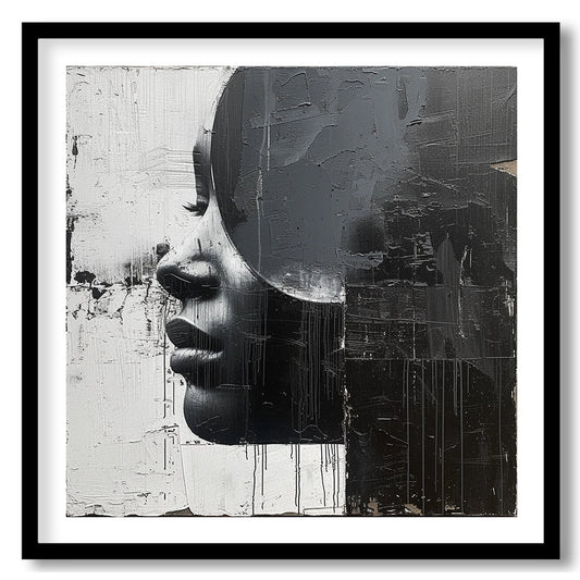 This striking painting features a woman's profile rendered in stark black and white, divided by a b… for house