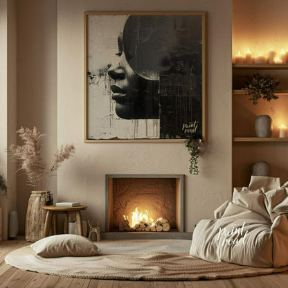This striking painting features a woman's profile rendered in stark black and white, divided by a b… for space