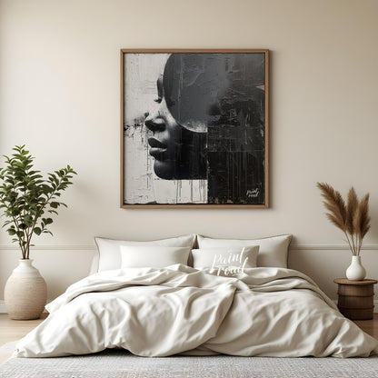This striking painting features a woman's profile rendered in stark black and white, divided by a b… for space