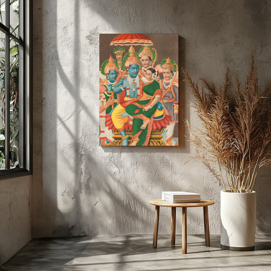 Immerse yourself in the divine with this stunning piece showcasing Vishnu and his consort, for Entrance