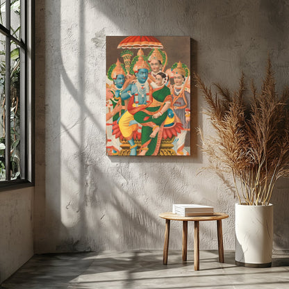 Immerse yourself in the divine with this stunning piece showcasing Vishnu and his consort, for Entrance