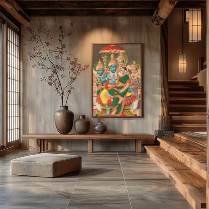 Immerse yourself in the divine with this stunning piece showcasing Vishnu and his consort, for Hall