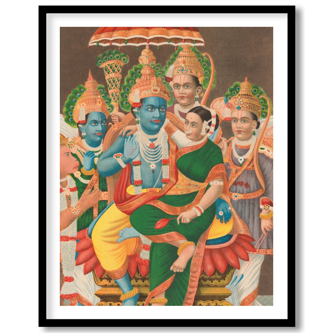Immerse yourself in the divine with this stunning piece showcasing Vishnu and his consort, for haven