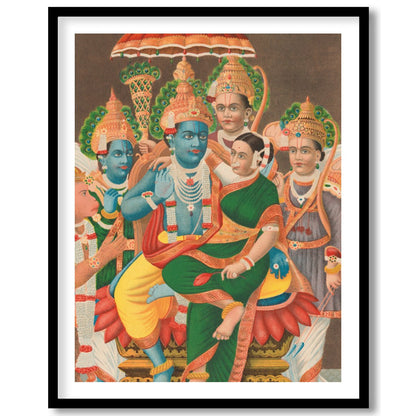 Immerse yourself in the divine with this stunning piece showcasing Vishnu and his consort, for haven