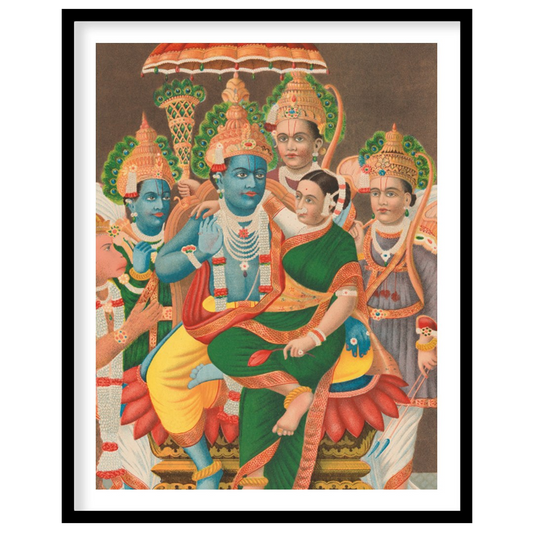 Immerse yourself in the divine with this stunning piece showcasing Vishnu and his consort, for haven