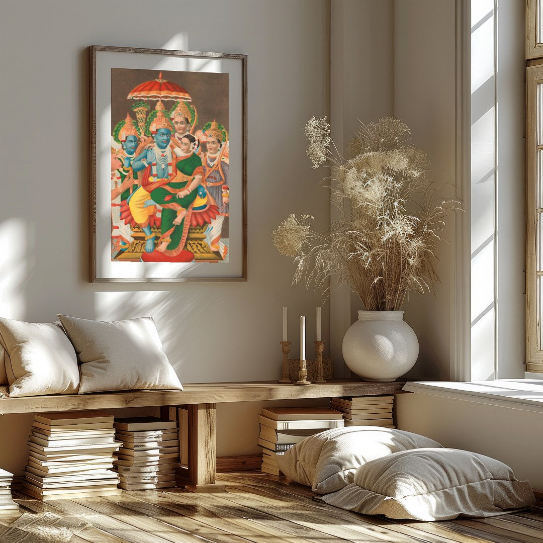 Immerse yourself in the divine with this stunning piece showcasing Vishnu and his consort, for sanctuary