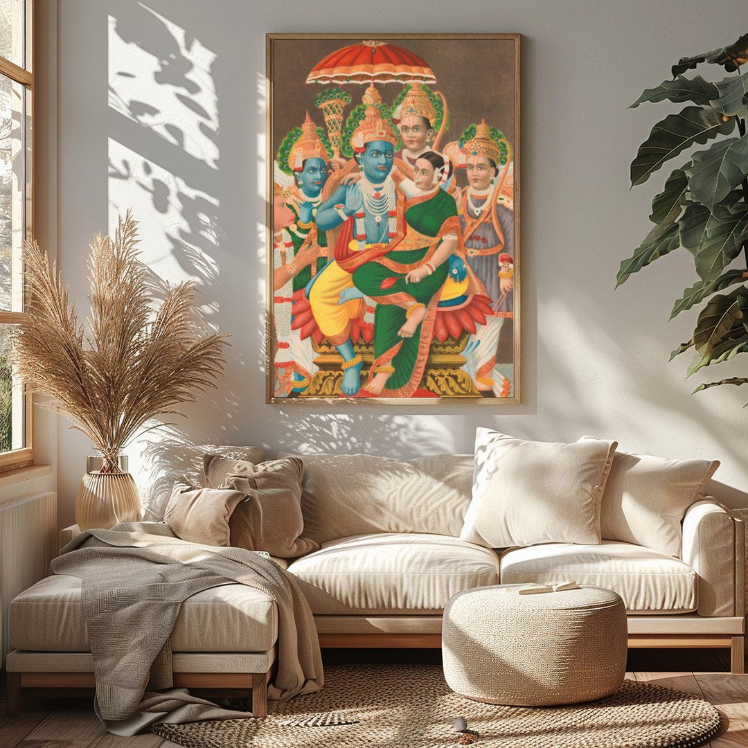 Immerse yourself in the divine with this stunning piece showcasing Vishnu and his consort, for Sitting Area