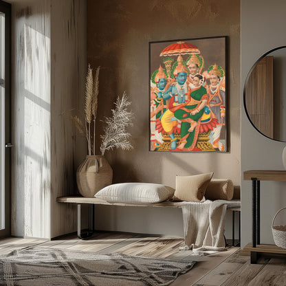 Immerse yourself in the divine with this stunning piece showcasing Vishnu and his consort, for space