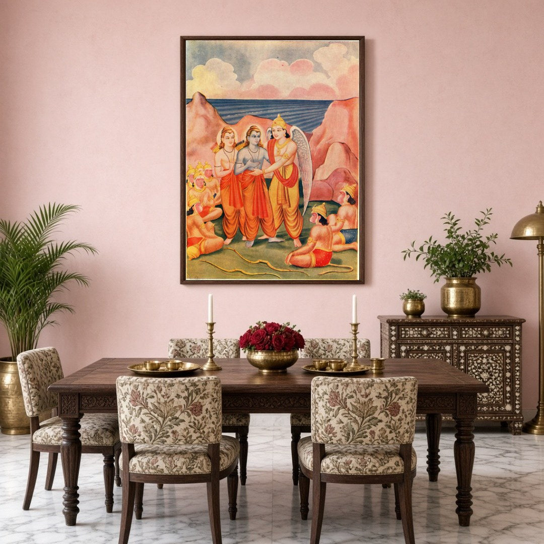 Immerse yourself in the epic tale of the Ramayana with this stunning artwork depicting Lord Rama, for Dining