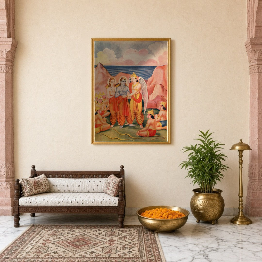 Immerse yourself in the epic tale of the Ramayana with this stunning artwork depicting Lord Rama, for Entrance