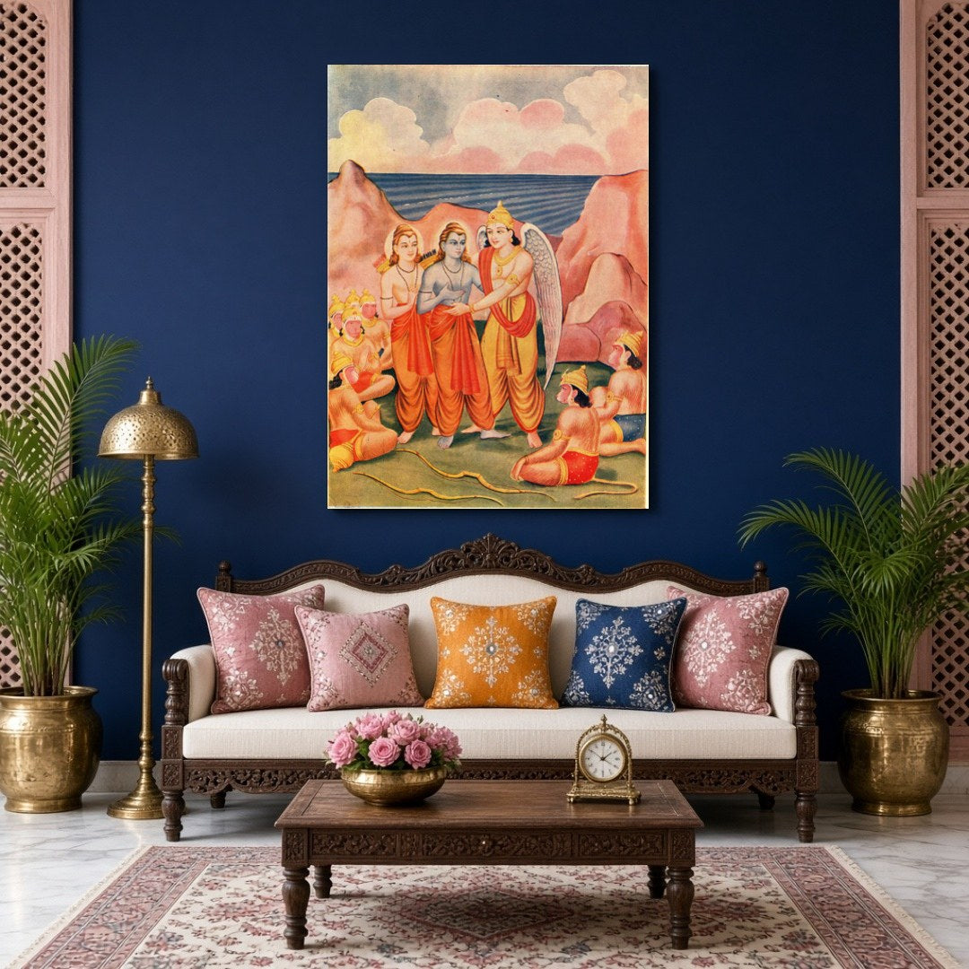 Immerse yourself in the epic tale of the Ramayana with this stunning artwork depicting Lord Rama, for Living Room