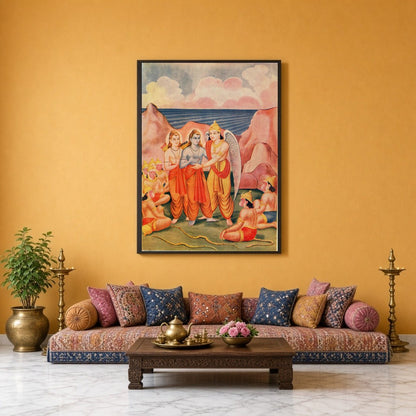 Immerse yourself in the epic tale of the Ramayana with this stunning artwork depicting Lord Rama, for Sitting Lounge