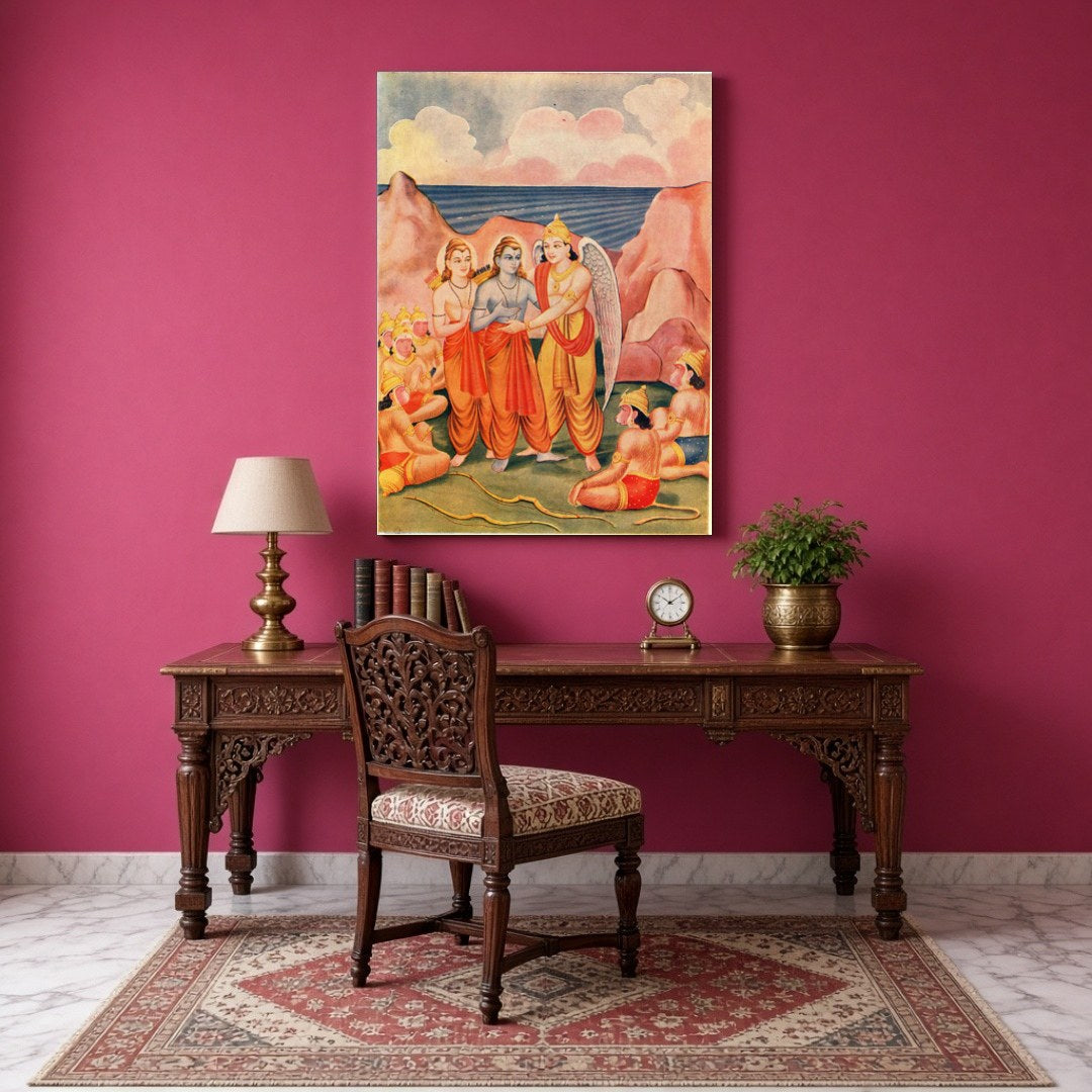 Immerse yourself in the epic tale of the Ramayana with this stunning artwork depicting Lord Rama, for Study