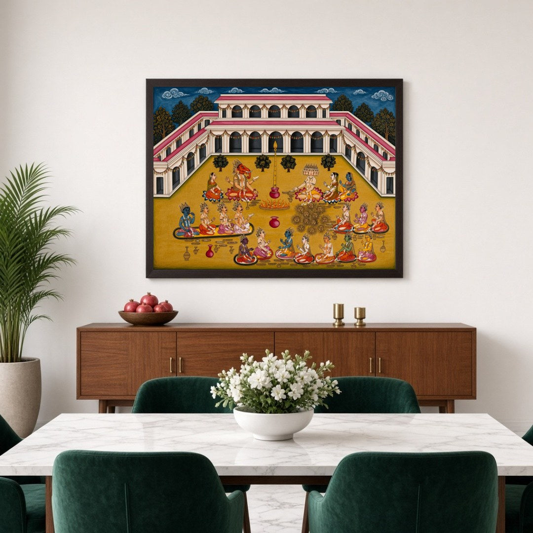 Immerse yourself in the spiritual ambiance of this exquisite artwork, depicting Lord Ganesha and for Dining