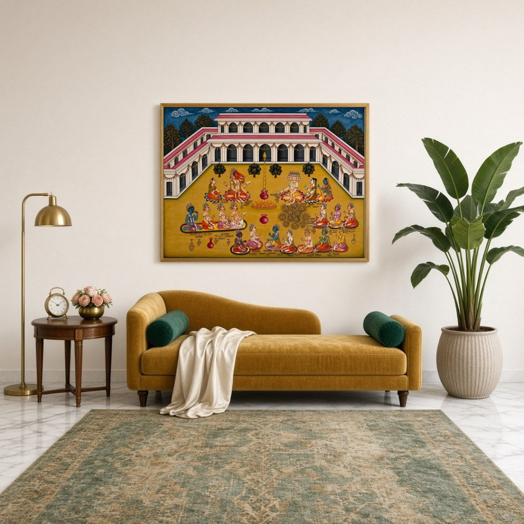 Immerse yourself in the spiritual ambiance of this exquisite artwork, depicting Lord Ganesha and for Sitting Lounge