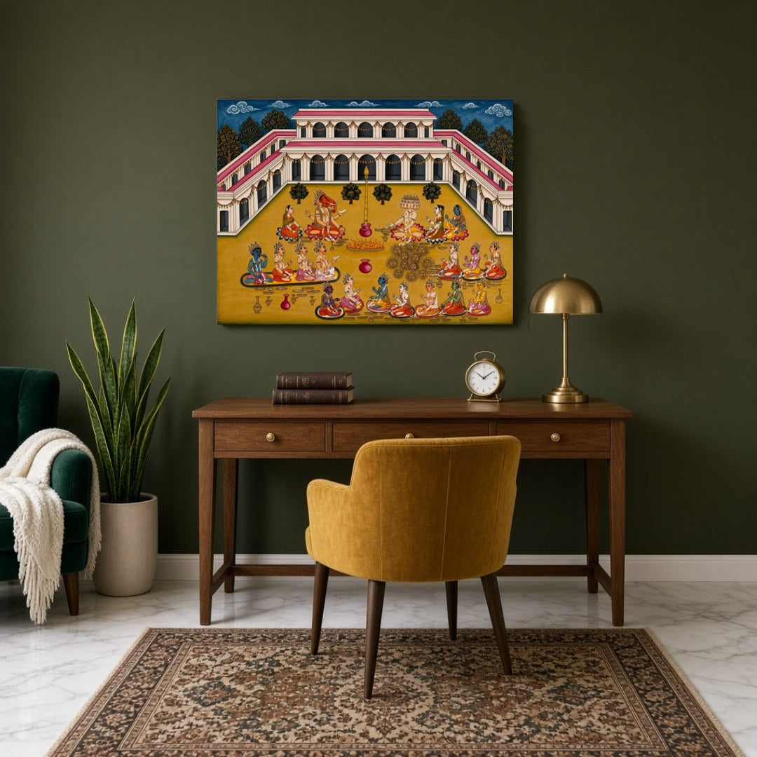 Immerse yourself in the spiritual ambiance of this exquisite artwork, depicting Lord Ganesha and for Study