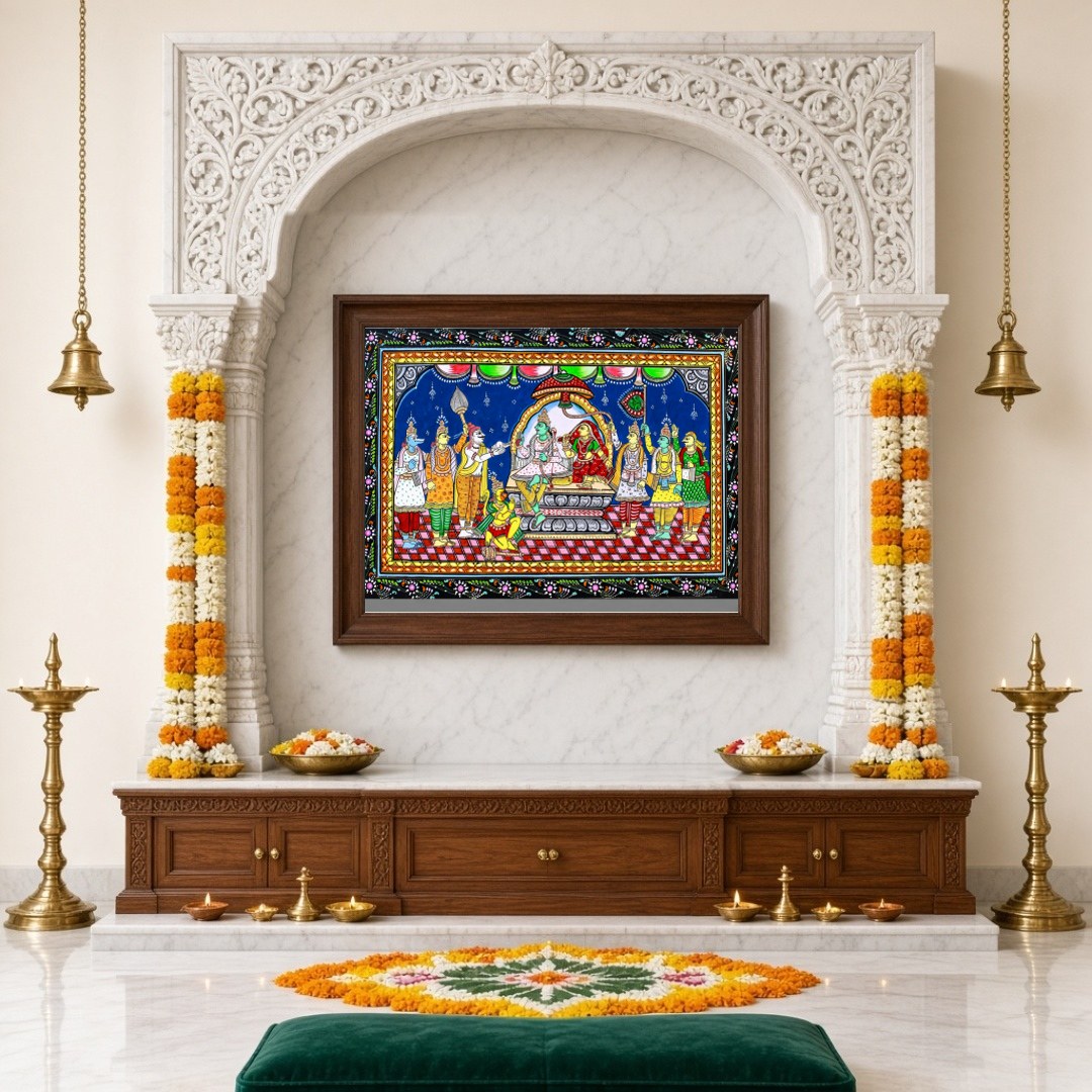 This exquisite Pattachitra painting captures the divine assembly of Lord Rama, elegantly seated for Home Temple