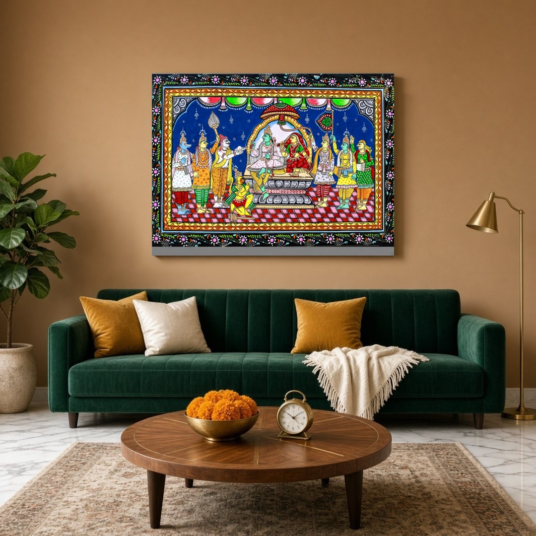 This exquisite Pattachitra painting captures the divine assembly of Lord Rama, elegantly seated for Living Room
