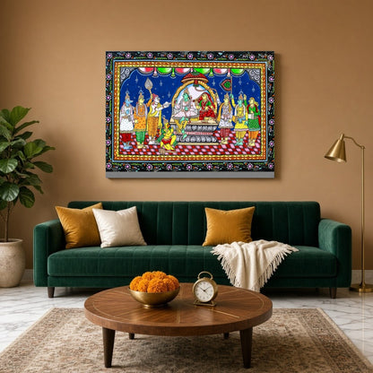 This exquisite Pattachitra painting captures the divine assembly of Lord Rama, elegantly seated for Living Room