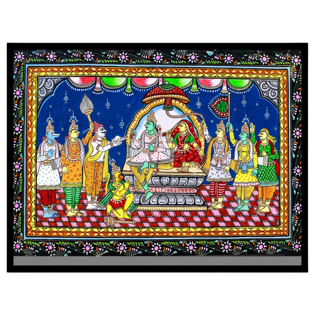 This exquisite Pattachitra painting captures the divine assembly of Lord Rama, elegantly seated for retreat