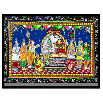 This exquisite Pattachitra painting captures the divine assembly of Lord Rama, elegantly seated for retreat