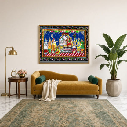 This exquisite Pattachitra painting captures the divine assembly of Lord Rama, elegantly seated for Sitting Lounge