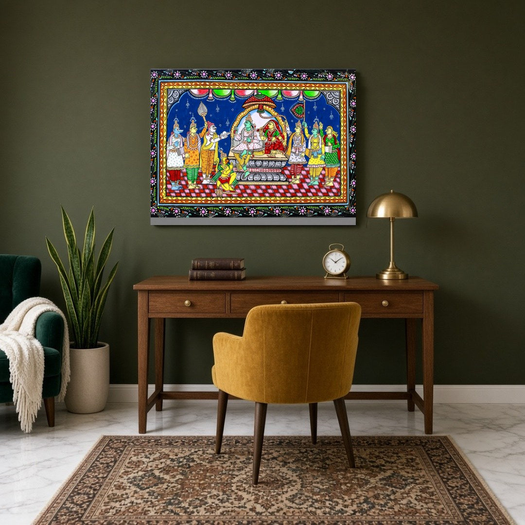 This exquisite Pattachitra painting captures the divine assembly of Lord Rama, elegantly seated for Study