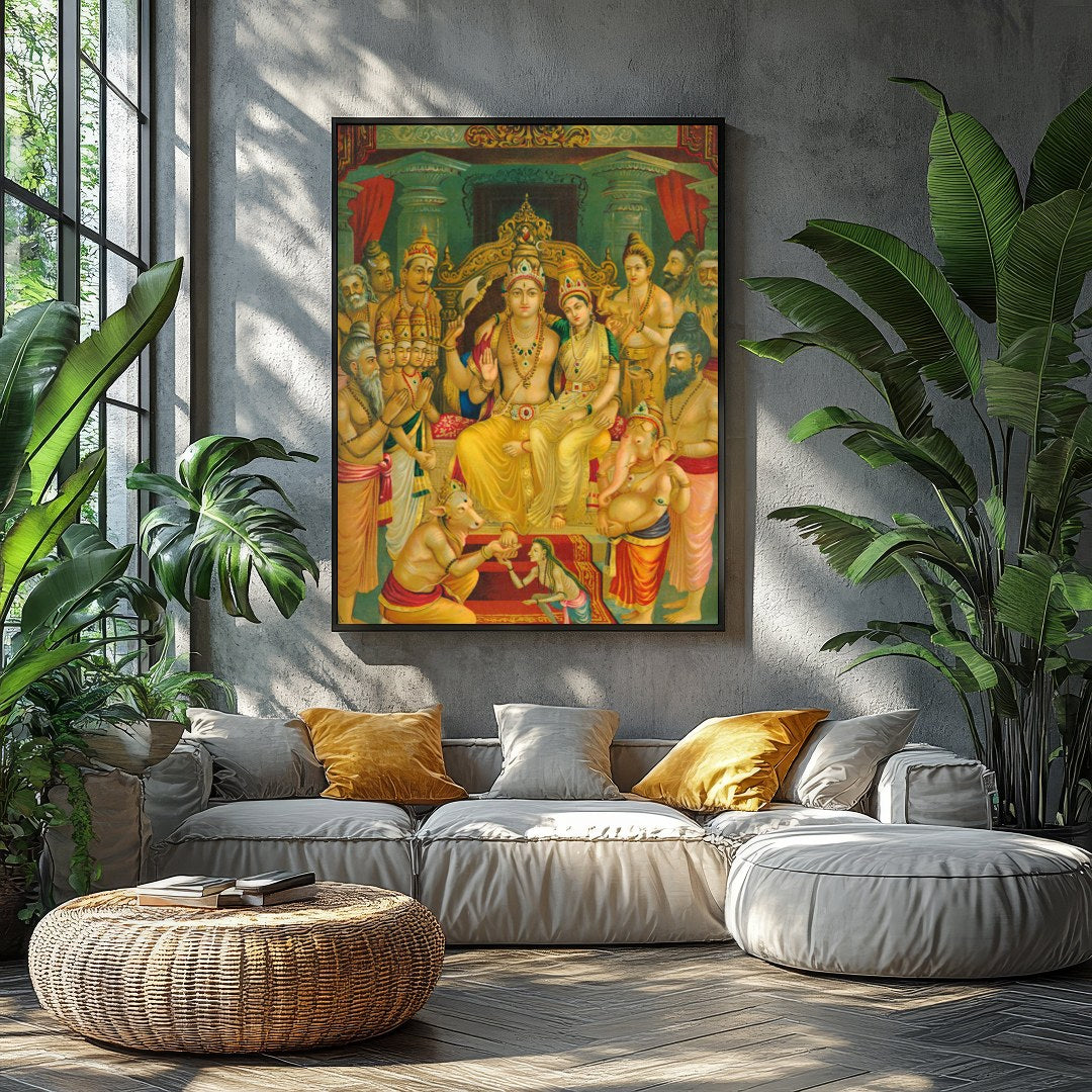 This exquisite artwork captures a sacred gathering of revered Hindu deities, beautifully detailed for Balcony