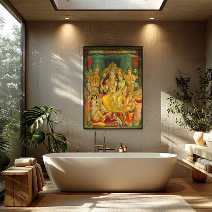 This exquisite artwork captures a sacred gathering of revered Hindu deities, beautifully detailed for Bathroom