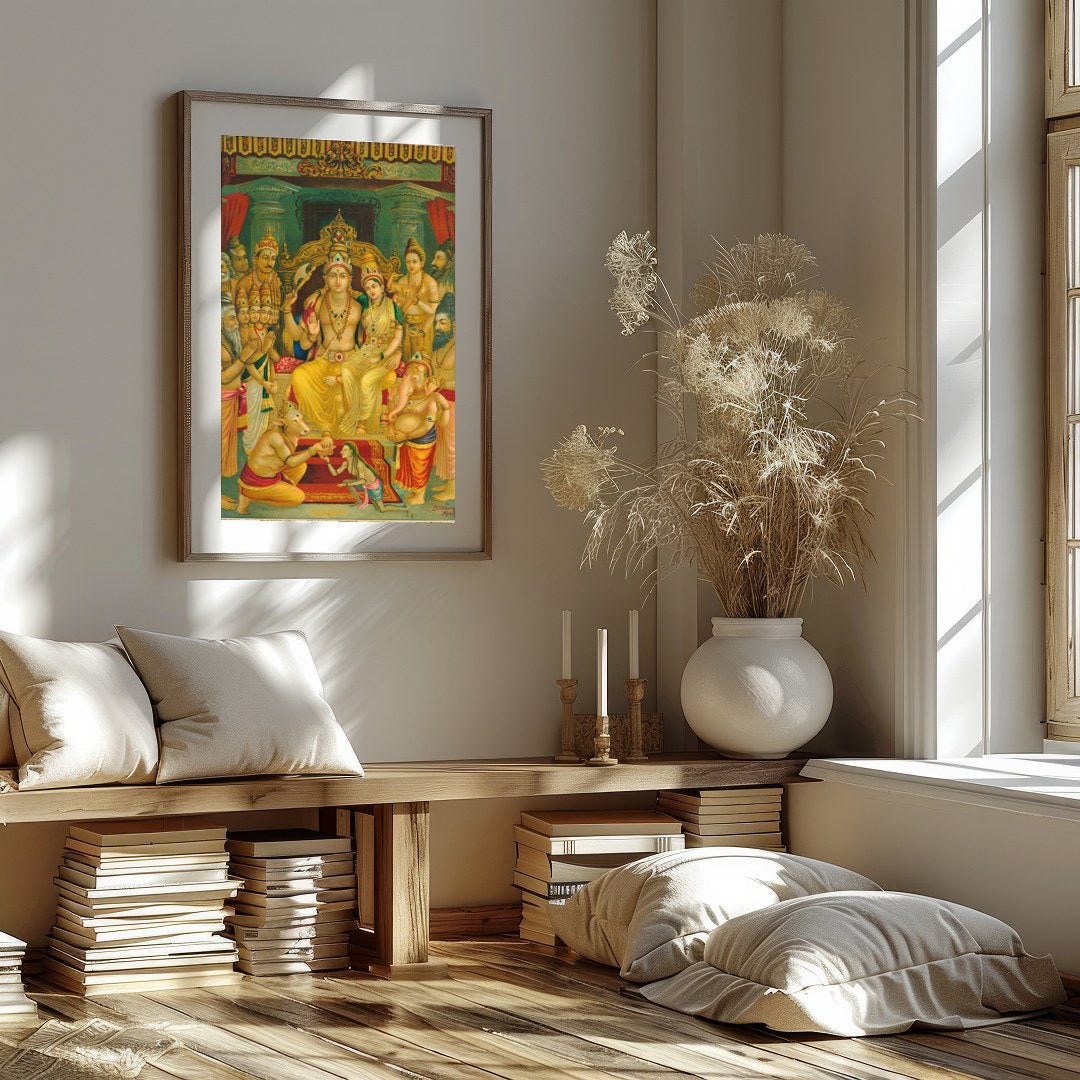 This exquisite artwork captures a sacred gathering of revered Hindu deities, beautifully detailed for bedroom